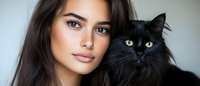 Young brunette woman with natural makeup holding fluffy black cat with yellow eyes in cozy indoor portrait for pet care and companionship concepts.