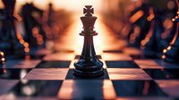 Black chess king piece standing on chessboard with dramatic orange lighting and bokeh effect background creating atmospheric competitive business strategy concept.
