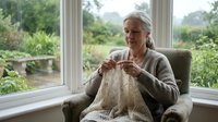 Senior woman with white hair and Caucasian ethnicity knitting by large windows overlooking garden. Hobby and leisure activity for relaxation and creative craft work.