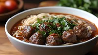Hearty meatball soup with fresh herbs and noodles in rich broth, comfort food for cold days, homemade cooking, traditional recipe, family dinner meal.