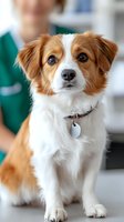 Adorable small mixed breed dog with brown and white fur sitting in veterinary clinic with blurred veterinarian in green scrubs background for pet healthcare concepts.