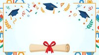 Graduation ceremony diploma with mortarboard caps, red ribbon bow, and festive confetti elements on white background, isolated and ready for educational design, invitations, and celebration graphics.