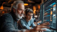 Senior male mentor with gray beard teaching young programmer coding skills at computer workstation in dark office with ambient lighting. Knowledge transfer concept.