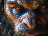 Close-up of fantasy creature with intense amber eyes, textured blue and brown skin, and prominent nose, suitable for film production or gaming concept art.