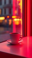 Red ceramic coffee cup and saucer on windowsill with neon lights and blurred city bokeh background creating moody atmospheric evening ambiance.
