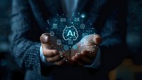 Futuristic holographic AI technology concept with glowing icons and neural network floating between human hands, perfect for artificial intelligence and digital transformation topics.