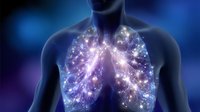 Glowing human lungs visualization with sparkling light effects on dark blue background shows respiratory system anatomy in magical artistic style.