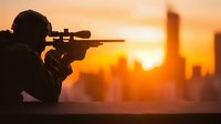 Silhouette of sniper with rifle scope against dramatic urban sunset skyline, orange sky and city buildings create atmospheric backdrop for military concept.