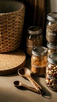 Woven basket with cork coaster, wooden spoons, and glass jars containing lentils, cumin, cinnamon, and nuts for kitchen storage and cooking organization.