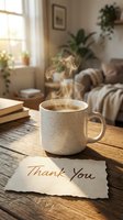 Steaming coffee mug on rustic wooden table with a handwritten thank you note, warm cozy living room in soft morning light.