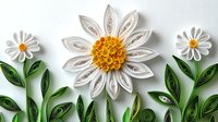 Paper quilled daisy flowers with white petals, yellow center and green leaves on light background, handmade paper art technique creates dimensional floral design.