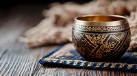 Ornate brass singing bowl with intricate ethnic patterns on blue textile against rustic wooden background, creating zen atmosphere for meditation practice.