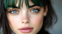 Young woman with bright blue eyes and green bangs looking directly at camera, soft natural makeup and pink lips against blurred background. Close up beauty portrait.
