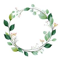 Watercolor green leaf wreath with delicate branches and small flowers on white background, isolated botanical round frame for wedding invitations and cards.