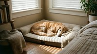 Golden retriever dog sleeping curled up on a cozy pet bed in a sunny living room corner with warm natural light and plants.
