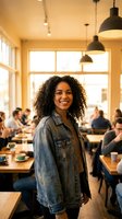 Young mixed-race woman with curly hair smiling in modern cafe restaurant with customers dining in background. Casual denim jacket lifestyle portrait.