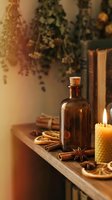 Amber glass bottle with cork stopper surrounded by cinnamon sticks, star anise, dried orange slices and burning beeswax candle creating cozy aromatherapy atmosphere.