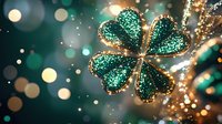 Sparkling green shamrock with golden edges against blurred bokeh background in emerald and gold tones, festive St Patrick's Day celebration atmosphere.