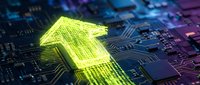 Glowing green digital arrow emerging from circuit board with neon lights and electronic components representing technology growth and data processing advancement.