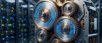 Metallic gears and cogs with blue accents on dark background, representing industrial machinery, technology, engineering, and mechanical systems for business and manufacturing concepts.