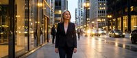 Professional businesswoman walking confidently through illuminated city street at dusk with glowing lights and urban architecture creating atmospheric backdrop.