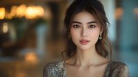 Young Asian woman in elegant sequin dress with soft makeup and wavy hair style against blurred bokeh background, looking at camera with gentle smile.