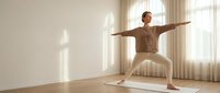 Young athletic woman practicing warrior yoga pose on mat in bright modern living room with natural sunlight streaming through windows for wellness and fitness.