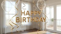 Elegant gold Happy Birthday balloon letters with transparent balloons and golden ribbons in a bright white room, festive party decoration.
