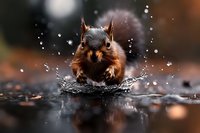 Curious red squirrel splashing in water puddle during rain, creating dynamic water drops and reflections in dramatic nature photography composition.