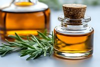 Fresh rosemary sprig next to glass bottle with amber essential oil and cork stopper on light background, aromatherapy and natural wellness concept.