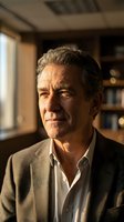 Middle-aged man with gray hair and facial lines, wearing a tan blazer and white shirt, positioned in a warm-lit office or home library setting with bookshelves visible behind him.