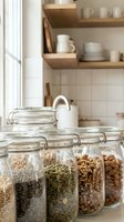 Organized kitchen counter with clear glass storage jars containing seeds, nuts and grains, wooden shelves with white dishware and ceramic containers, bright natural light from window, minimalist pantry organization.