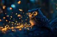 Magical owl wearing round glasses surrounded by glowing golden bokeh lights in dark blue mystical forest setting, creating enchanting nighttime atmosphere.