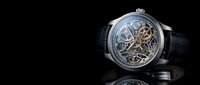 Luxury mechanical skeleton watch with visible gears and movement on black leather strap against dark background for premium timepiece advertising.