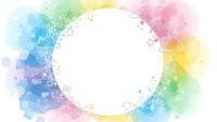 Colorful watercolor rainbow frame with white circle space for text, featuring soft pastel splashes and decorative doodle elements for creative design projects.