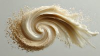 Creamy swirl of vanilla and caramel dessert topping with golden sugar crystals on neutral background, creating elegant spiral pattern.