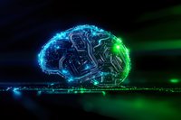 Glowing digital brain with circuit pattern in blue and green neon lights against dark background, representing artificial intelligence and neural networks.