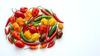 Assorted fresh chili peppers and bell peppers arranged in circle on white background, isolated for culinary, cooking, and food design projects.