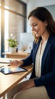 Professional businesswoman using tablet computer at modern office desk with natural lighting and plants in background for corporate presentations.