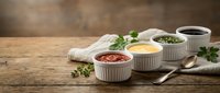Colorful sauces and condiments in white ceramic bowls on rustic wooden table with fresh herbs and vintage spoons for culinary cooking and food preparation.