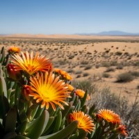 Vibrant orange desert flowers blooming in arid landscape with mountains and blue sky. Succulent plant thriving in harsh desert environment.