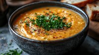 Creamy orange lentil soup garnished with fresh herbs and black pepper in rustic ceramic bowl, served with crusty bread on dark background.