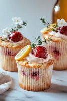 Fresh strawberry lemon cupcakes with pink frosting, garnished with fresh berries, citrus slices, thyme sprigs and tiny white flowers on marble surface.