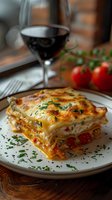 Homemade lasagna slice with melted cheese and fresh herbs served on white plate, red wine glass and cherry tomatoes in background. Rustic restaurant setting.