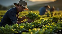 Hispanic farmer carefully inspecting fresh tobacco leaves during golden hour harvest, wearing traditional hat while working in lush green agricultural field at sunset.