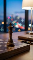 Wooden chess piece queen on board at desk with cityscape bokeh lights, evening office setting with lamp and notebook for business strategy concepts.
