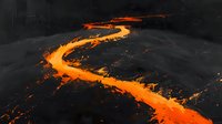 Glowing lava river flows through dark volcanic landscape, molten magma stream with bright orange heat and burning embers against black rocky terrain.