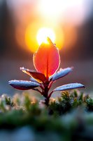 Sunlit red leaf with morning dew drops glowing against rising sun, creating magical bokeh effect and backlight silhouette in nature macro photography.