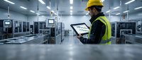 Male engineer in yellow safety helmet and high-visibility vest using tablet in modern industrial manufacturing facility with machinery and equipment.