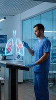 Male doctor examining holographic lung display in modern medical facility with advanced technology for respiratory health diagnosis and treatment.